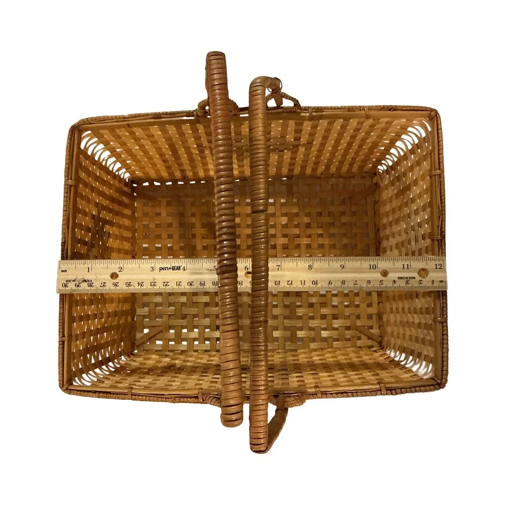 Vintage Woven Wood Splint Picnic Basket Dual Swing Handles Brown Diamond 12x9x4